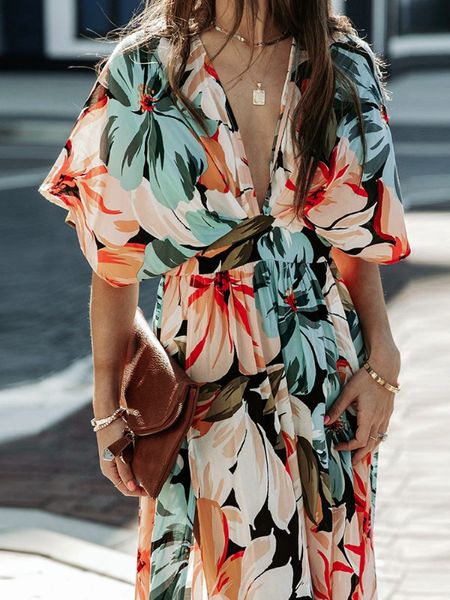 Floral Print V-neck High Slit Half Sleeve Shirred Maxi Dress