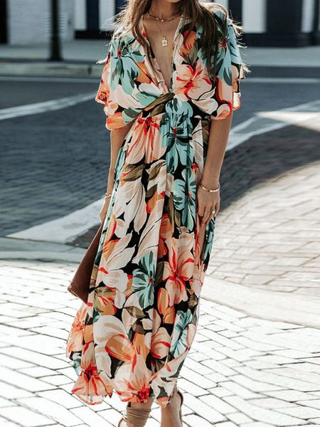 Floral Print V-neck High Slit Half Sleeve Shirred Maxi Dress