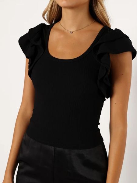 Women's Ribbed Ruffle Short Sleeve Scoop Neckline Top