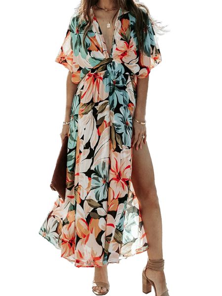 Floral Print V-neck High Slit Half Sleeve Shirred Maxi Dress