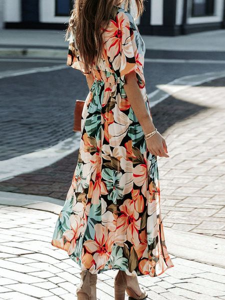 Floral Print V-neck High Slit Half Sleeve Shirred Maxi Dress