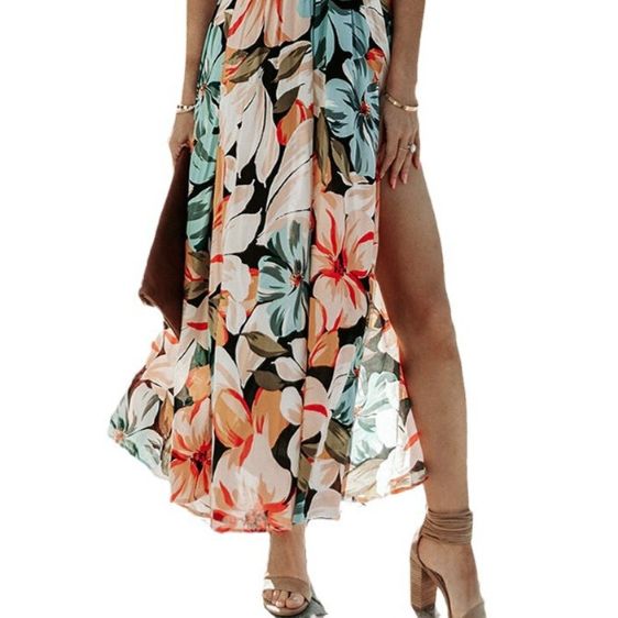 Floral Print V-neck High Slit Half Sleeve Shirred Maxi Dress