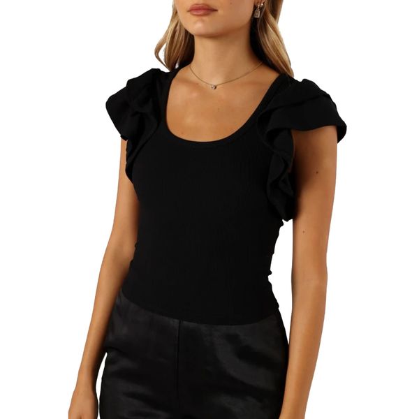 Women's Ribbed Ruffle Short Sleeve Scoop Neckline Top