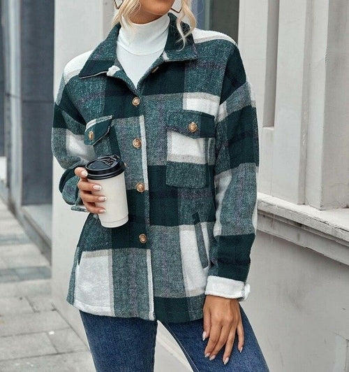 Single-breasted Pocket Buttons Cotton Loose Woolen Plaid Jacket