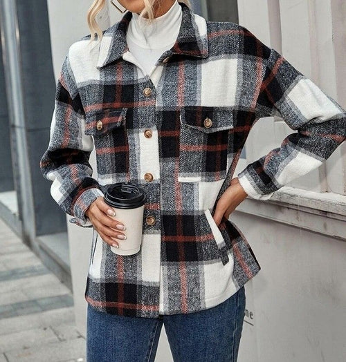 Single-breasted Pocket Buttons Cotton Loose Woolen Plaid Jacket