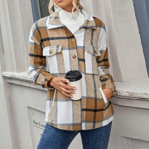 Single-breasted Pocket Buttons Cotton Loose Woolen Plaid Jacket