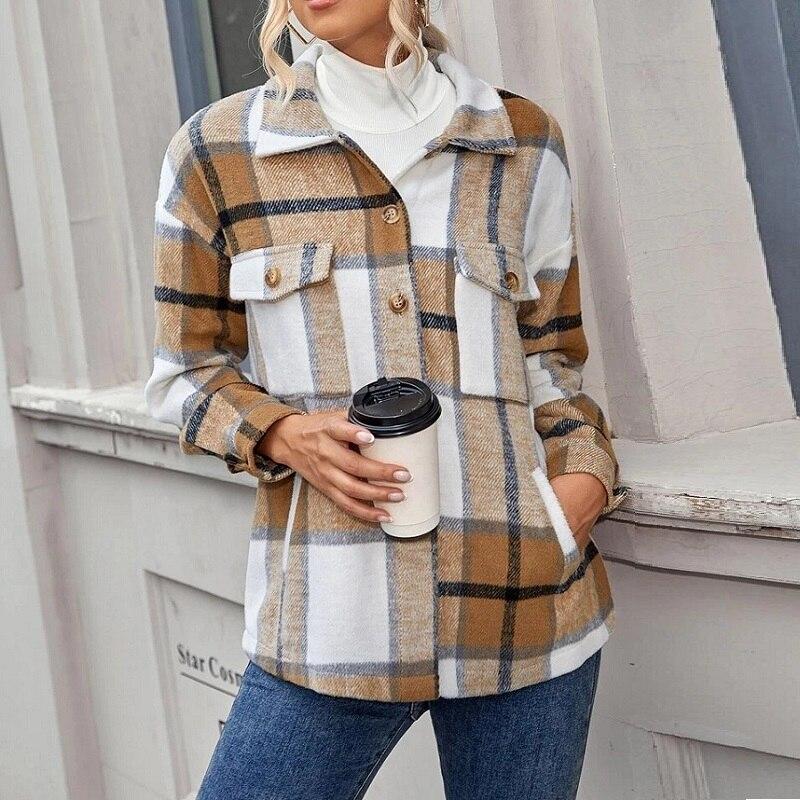 Single-breasted Pocket Buttons Cotton Loose Woolen Plaid Jacket