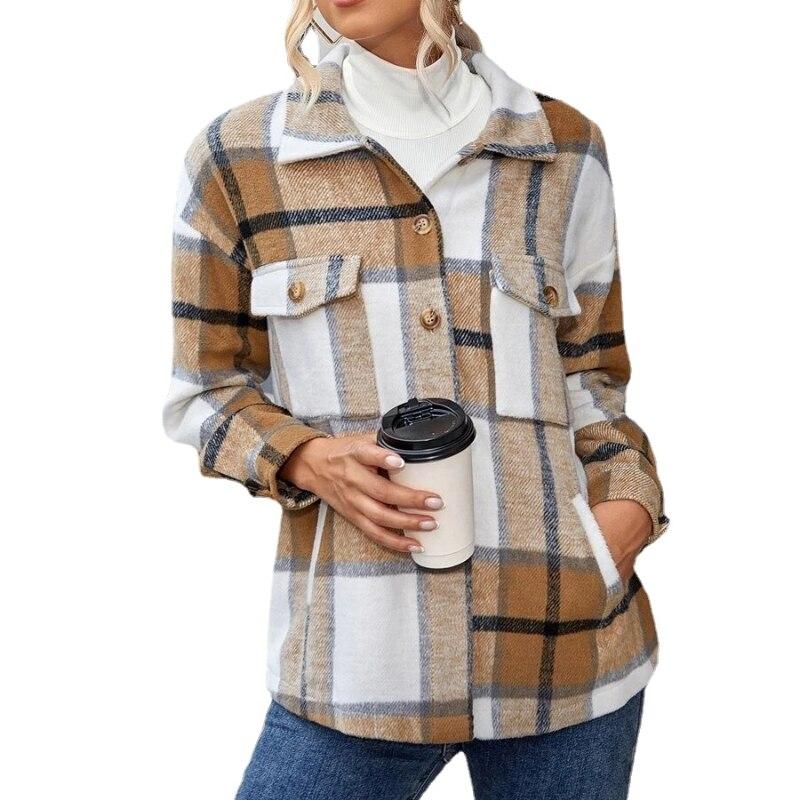 Single-breasted Pocket Buttons Cotton Loose Woolen Plaid Jacket