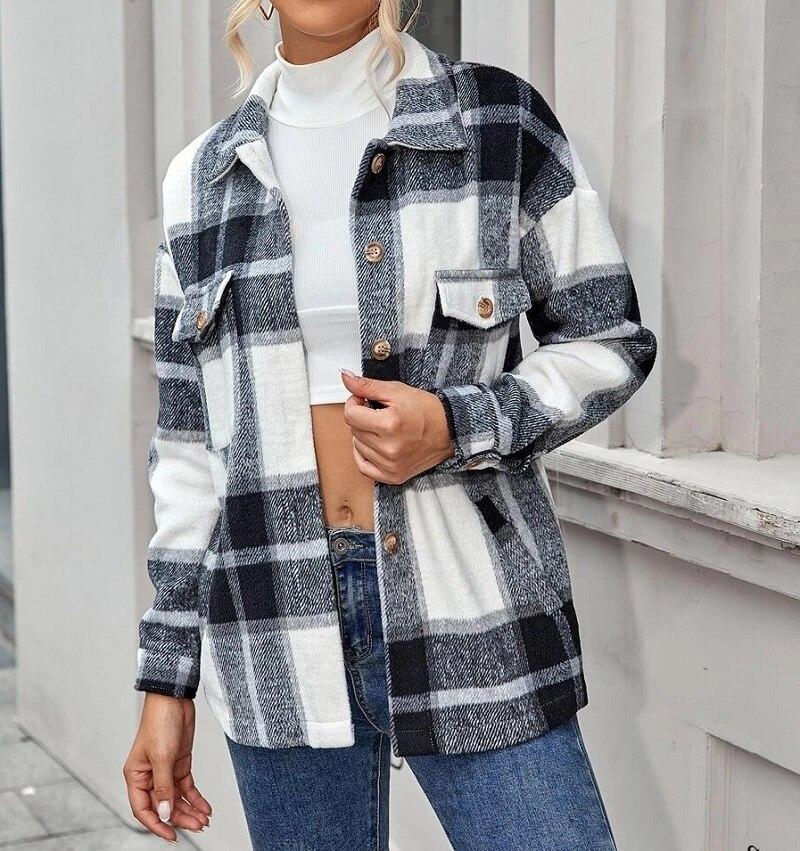 Single-breasted Pocket Buttons Cotton Loose Woolen Plaid Jacket