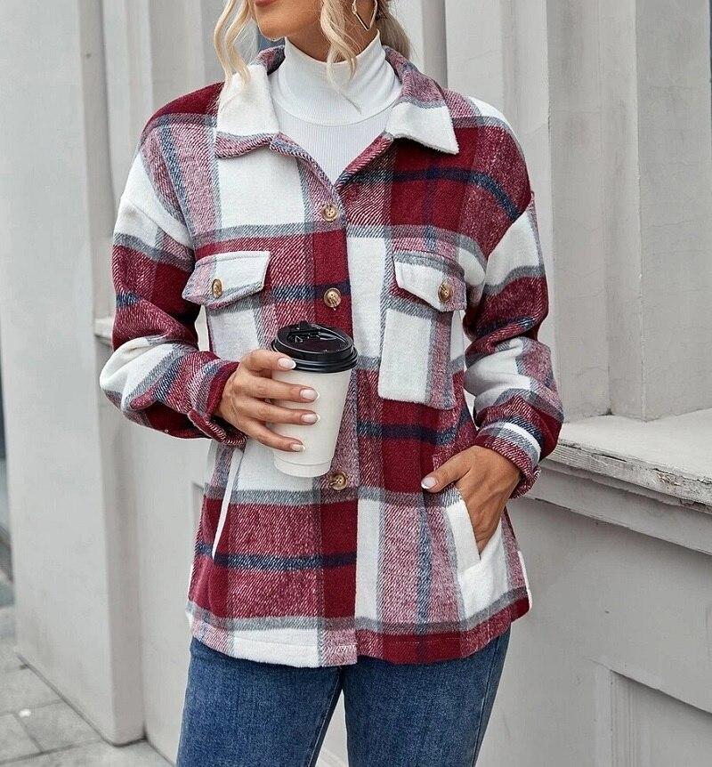 Single-breasted Pocket Buttons Cotton Loose Woolen Plaid Jacket