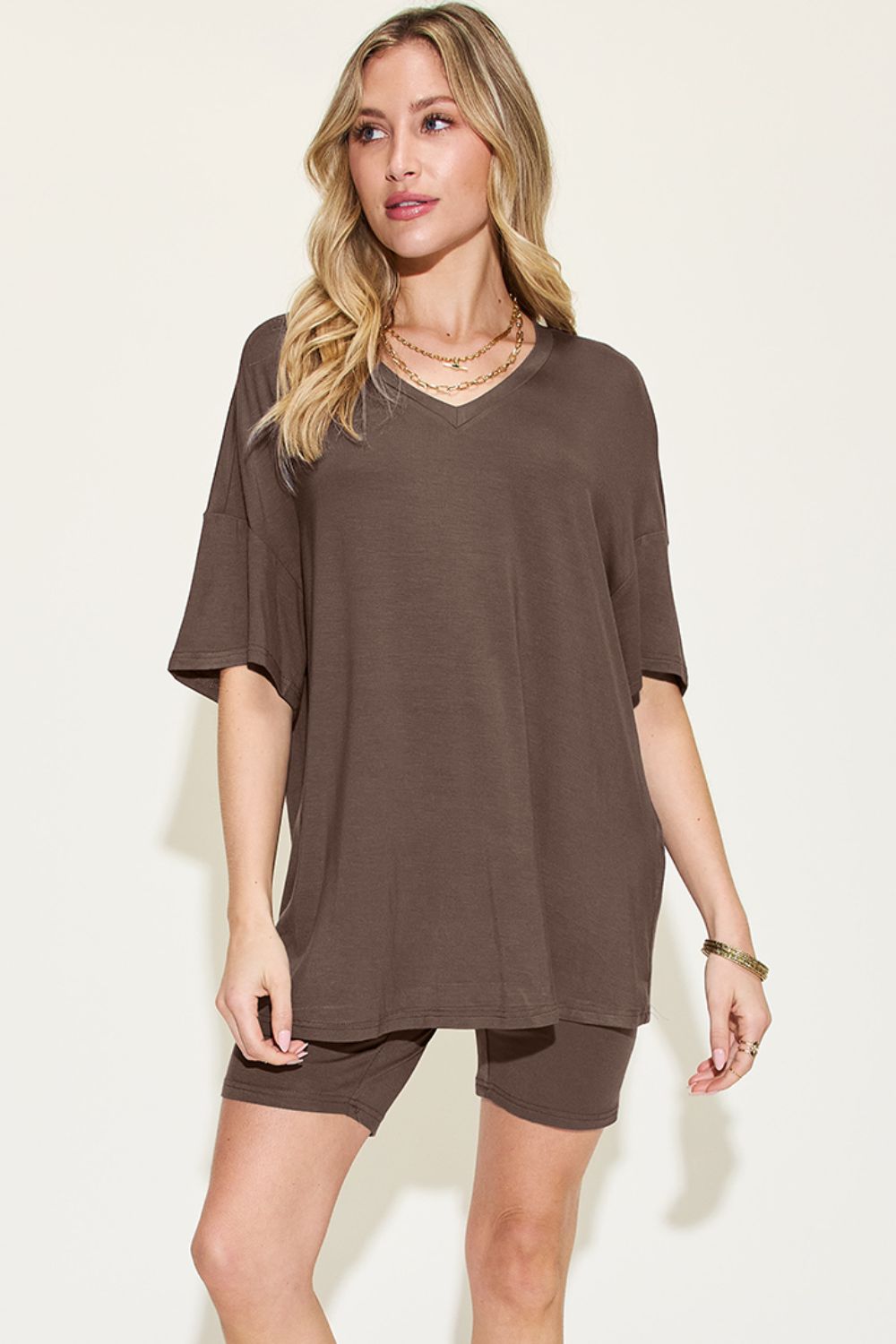 Basic Bae Full Size V-Neck Drop Shoulder T-Shirt and Shorts Set